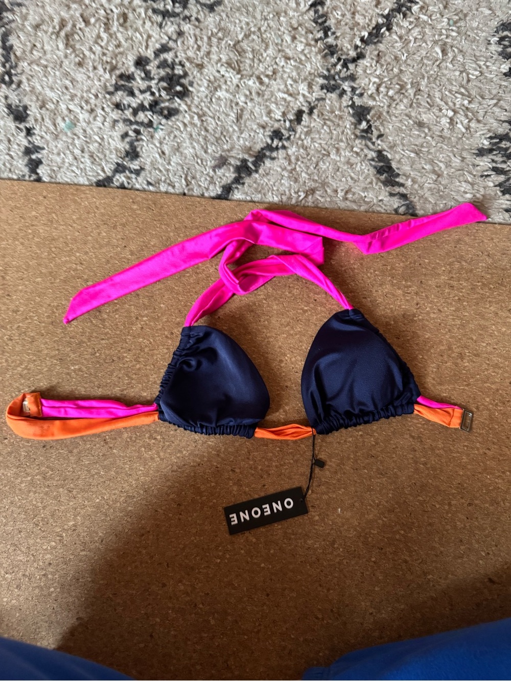 OneOne Navy Triangle Bikini Top with Pink & Orange Ties